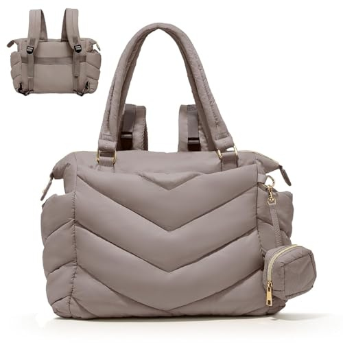 MISS FONG Baby Changing Bag Tote,Nappy Changing Bag Backpack with Pacifier Case,Puffer Mommy Maternity Tote for Hospital,Baby Backpack with 10 Pockets,Convertible Diaper Bag for Travel,Khaki