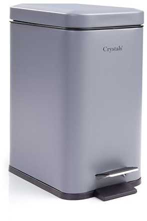 Crystals 3L Slim Rectangular Pedal Bin with Soft Close Lid – Compact Modern Rubbish Bin with Removable Inner Bucket for Bathroom, Kitchen, Toilet, Office – Hands-Free Waste Bin (Grey)