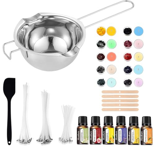 Kerzen Selber Machen Set, Kerzenherstellung Kit, DIY Duftkerze Geschenke Set mit 480ml Schmelztopf und 10 Farbblöcken,5 Dochthalter, 6 Duftöl, 30 Baumwolldocht in 3 Größen,1 Schaber (Style 1)