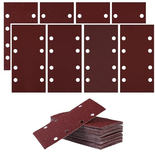32 Pcs Sanding Sheets, Sandpaper 93 x 185 mm, Sander Pads 8 Holes with Hook and Loop, Assorted 40/60/80/120/180/240/400/600 Grits, Sandpaper for Wood Rectangular Electric Sander, DIY Sanding Paper