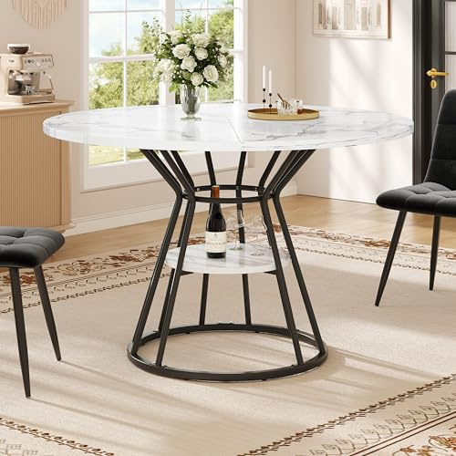 Merax Runder Esstisch Klein Tisch, Moderner Küchentisch Esszimmertisch für 4-6 Personen, MDF-Tischplatte mit Marmormuster, Stabiles, schwarzes Metallfuß, für Küche, Wohnzimmer, Büro, 100x100x76cm