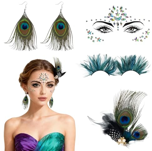 ANKUOFUA 4 Stück Pfau Kostüm Damen Set, Kostüm Pfau Damen Accessoires mit Pfauenfedern Haarschmuck, Glitzersteine Gesichtszubehör und Künstliche Wimpern, Karnevals Kostüm Damen für Mottoparty Cosplay