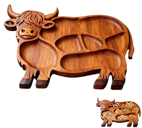 Highland Cow Wooden Charcuterie Board with Compartments Cute Animal Highland-Cow Shaped Jigsaw Serving Boards Kitchen Highland Cattle Food Tray Platter for Snack Fruit Meat Cheese (33cm/13in)