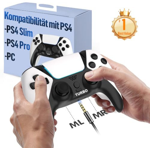 Ruibopad Für PS4 Controller,Wireless Controller Kompatibel mit PC,Pro,Slim,ALPS Joysticks Ohne Drift,Paddels und Turbo,Gamepad mit 3.5mm Kopfhörerbuchse,1200mAh Akku,Weiß.Geschenk für Gamer.