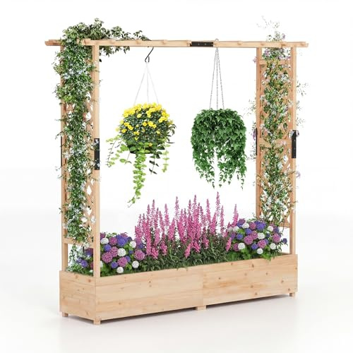 COSTWAY Blumenkasten mit Rankgitter & hängendem Dach, Pflanzkasten mit Rankhilfe, Hochbeet für Kletterpflanzen & hängende Körbe, für Garten Hof Terrasse, Pflanzkübel Holz, 196 x 44 x 182 cm (Natur)