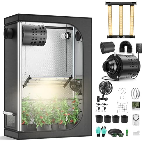 MINENICE Growzelt Komplettset mit M2000 LED Vollspektrum Grow Lampe 60x120x180cm Grow Tent 4 215 CFM 3000RPM Ruhiges und Effizientes Belüftungssatz, 4-Gang-Lüfter, Hydroponics Indoor Growing Tent Set