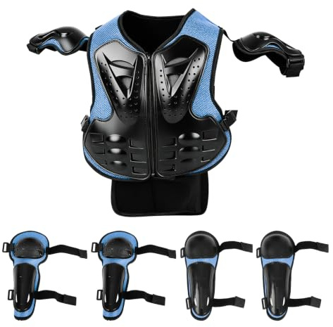 Combinaison de moto pour enfants, veste de protection de moto 5 pièces avec genouillères, coudières, protection de poitrine pour cyclisme, moto tout-terrain, skateboard, activités de plein air (bleu