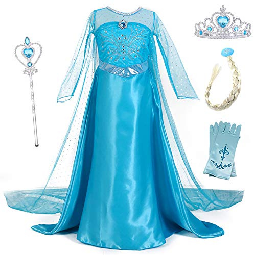 YOSICIL Mädchen Prinzessinkleid mit Zubehöre Elsa Kostüm für Kinder Girls Kleidung Spiegel Krone Zauberstab für Geburtstagsfeiern Geschenk Halloween Weihnachten Verkleidung Karneval, Blau A, 140