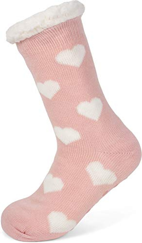 styleBREAKER calcetines antideslizantes de mujer con forro de pelo de peluche y motivo de corazones, talla 35-42 EU / 5-10 US / 4-8 UK 08030007, color:Rosa claro-Blanco