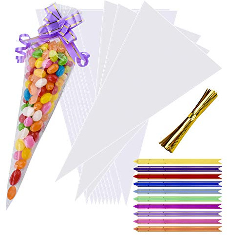 100PCS Clear Cone Bags AUERVO Sweets Cellophane Treat Bags 12 X 6.3 AUERVO Clear Resealable Cello Bags Party Gift Bags OPP Plastic Bag with 100PCS Mix Pull Bows for Candy, Soap, Cookie