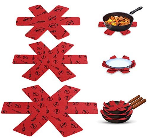 JOYUE Separatori Pentole, Proteggi per Pentole e Salvapadelle 15 Pezzi, Feltro Premium Separatore Antiscivolo Protezioni AntiGraffio, Adatto per Pentole e Padelle Antiaderenti, Ghisa, Ceramica (Rosso)