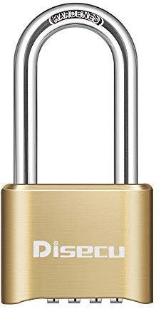 1 Pack disecu Heavy Duty 4 Digit Combination Lock, 2.5 Inch Long Shackle Outdoor Waterproof Padlock for School Gym Locker, Storage Unit, Fence, Gate, Toolbox (Brass)