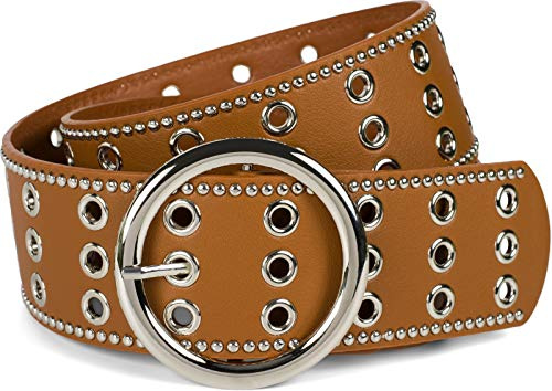 styleBREAKER Damen Breiter Nietengürtel Kunstleder, 95cm,Cognac