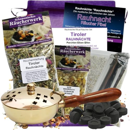 RAUHNÄCHTE räuchern 9-TLG Räucher-Set Tiroler RAUHNACHT mit Messing Räucherpfanne, 2X Räuchermischung + WEIHRAUCH + MYRRHE, Anleitung, ZUBEHÖR, Rauhnachtfibel, Lexikon, Täschchen 95740-PG8WOM