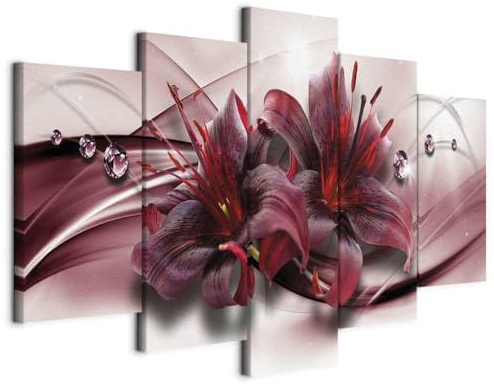 B&D XXL - Leinwandbild Blumen Lilien, 150x75 cm, 5-teilig, Schlafzimmer | Hochwertige Leinwand, sofort aufhängbar, ideal fürs Wohn- oder Schlafzimmer, wasserfest und lichtecht, langlebig, stilvoll