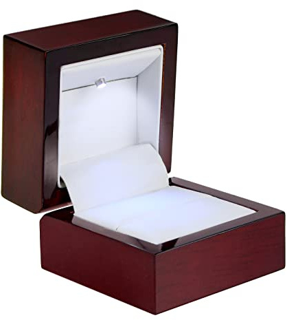 Allure – Luxuriöse Ringbox mit LED-Licht, authentisches Mahagoni-Holz mit weißem Kunstledereinsatz, quadratisches, elegantes Diamant-Ringetui, für einzigartigen Antrag oder Hochzeit, kleine