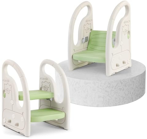 Onasti Tritthocker für Kinder 2 Stufen, Höhenverstellbar Tritt-Schemel Kinderschemel für Baby, mit Handhaben, Zweistufiger Tritthocker, Ab ca. 1.5 bis ca. 5 Jahre (Grün)