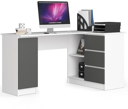 AKORD Eck-Schreibtisch B-20 mit 3 Schubladen, 2 Ablagen und einem Regalfach mit Tür | Schreibtisch | Eck Schreibtisch für Home Office | B155 x H77 x T85, 60 kg | Weiß & Graphitgrau Front