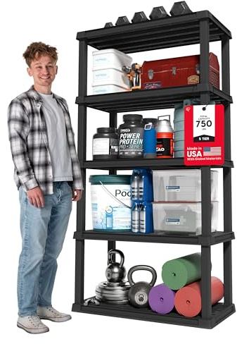IRIS USA 5-Shelf Heavy Duty Plastic Storage Shelves, 750lb Capacity, 73 H x 36 W x 18 D, Large Modular Shelving Unit Storage Organizer for Garage, Home, Warehouse & Gym, Storage Rack - Black