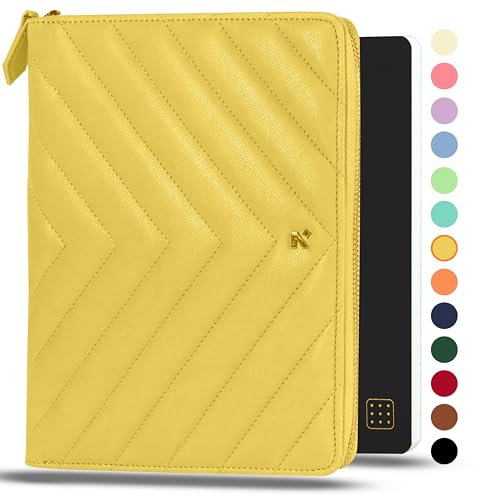NEORAH —A5 Notebook SLEEVE with Compendium + Dotgrid JOURNAL|Faux Leather Sleeve + Penloop|2 Front 1 Back compartment|6 Card Slots|Gold toned Zip closure|Fits any A5 Softcover Notebook – YELLOW