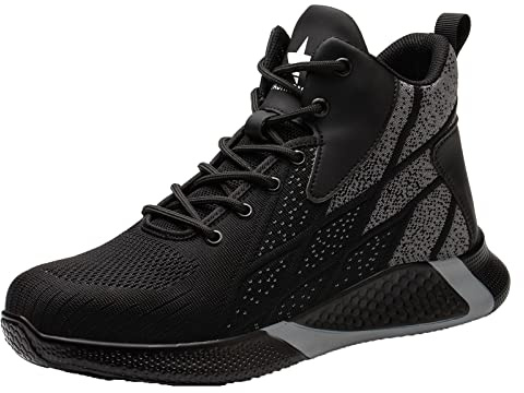 Mens Safety Work Boots Steel Toe Cap Trainers Lightweight Breathable Comfortable Non-Slip Industrial Protective Shoes,Black,10 UK