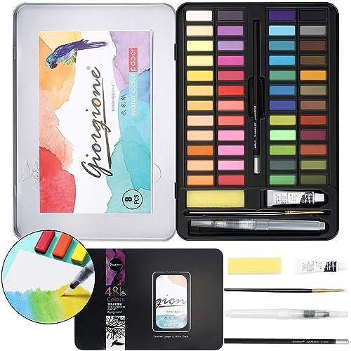 Niserelesa 48 Set Aquarelle, Kit de Peinture pour Débutants et Passionnés, Boîte en Métal, Crayon à Dessin, Pinceaux, 8 Papiers, Haute Qualité, Se Mélange Bien
