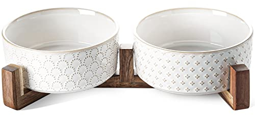 LE TAUCI Hundenäpfe Keramik, Napf-Set mit Akazienholzständer, 3 Tassen Hundefutter und Wassernapf für kleine mittelgroße gewichtete Hunde, Haustiernäpfe