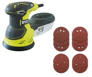 Pack RYOBI Ponceuse excentrique électrique ROS300A - 300W - sac de transport - 10 Disques abrasifs - 125mm - Grain 100, 120, 240, 320