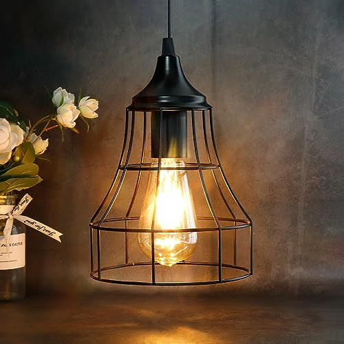 JHY DESIGN Black Metal Cage Hanging Battery Powered Lamp Decorative Pendant Light with 6 Hours Timer for Bar Bedroom Garden Parties Patio Indoor Outdoor Living Room (Geometry)