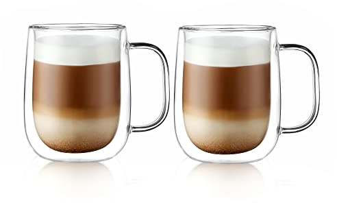 CNGLASS Latte Macchiato Gläser Set 2x450ml，Doppelwandige Kaffeegläser mit großem Henkel，Cappuccino Gläser für Latte, Cappuccino, Teebeutel，Kalte und Heiße Getränke