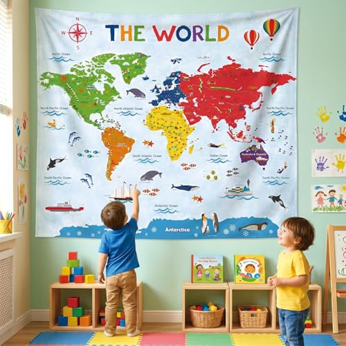 DECOWALL TP-009 Wandteppich mit Weltkarte Wandteppich für Kinder Wandbehang für Schlafzimmer Wohnzimmer Kunst Heimdekoration Polyester 150 x 130 cm (60 x 50 Zoll)
