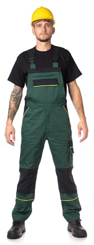 DINOZAVR Fortum Salopette De Travail Homme Avec Ceinture Élastique, Renforts CORDURA, 2 Poches Avant Et Poitrine, Poche Cargo, Renfort Genoux, Bretelles Élastiques, Salopette Homme Vert 62