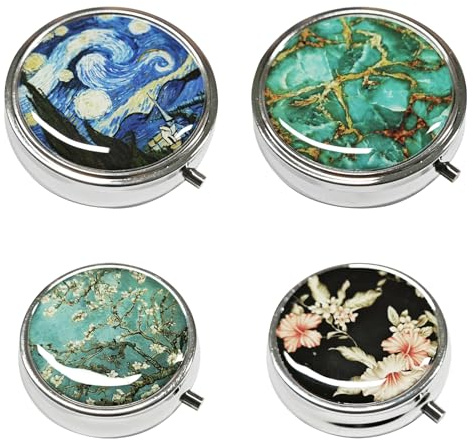 4-teiliges kleines Metall-Pillendosen-Set, tragbare Pillendose mit 3 Fächern für Vitamine, Medikamente, Fischöl, niedlicher Rautspender mit Spiegel für Reisen, täglich, feuchtigkeitsbeständig, Medizin