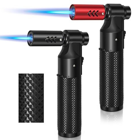 WANBRO Kitchen Blow Torch (2 pcs), Adjustable Jet Flame, Butane Gas Refillable, Windproof Torch Lighter for Creme Brulee, BBQ, Baking (WB-hb3, Black+red, ABS)