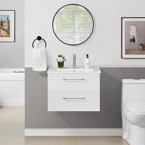 Yaheetech Wall-Mounted Basin Cabinet with Concealed-Runner Drawers, White | 61 × 39.5 × 45.5 cm, 3.7 cm Tap Hole, 4.5 cm Waste Hole, E1 Spray-Painted MDF, Smooth Easy-Clean Finish