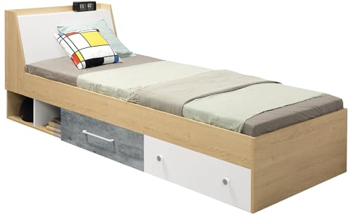 Lomadox Jugendzimmer Bettgestell Jugendbett 90x200cm in Eiche mit Betonoptik und weiß | 2 Bettschubladen, Fach im Kopfteil