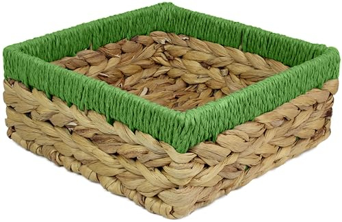 Small Water Hyacinth Square baskets for storage. Natural with Green edges for shelves open hamper decorative gift mini tray make up Kitchen organiser (1 x Pack, large 22cm)
