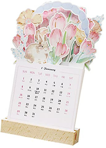 JEWEDECO Holz Tischkalender Blumenmotiv Mit Karteneinlage Für Büro Schule Zuhause Standfuß Aus Haltbarem Papier