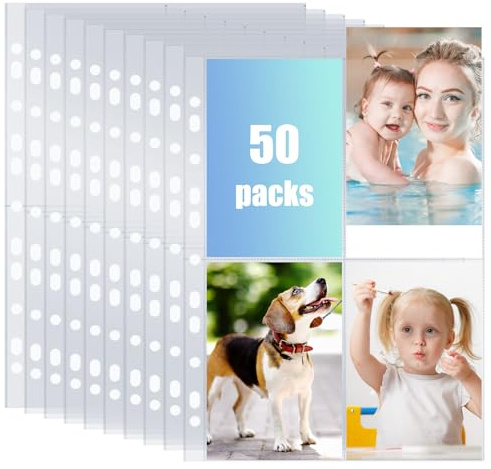 50 Pack 400 Taschen A4 Foto Hüllen für A4 2/3/4 Ringbuch, Transparente Postkartenhüllen, 4 Fächer, Doppelseitiger Taschen Foto Seitenschutz, Top Loading Fotoalbum Nachfüllseiten (10.5 x 15.3 cm)