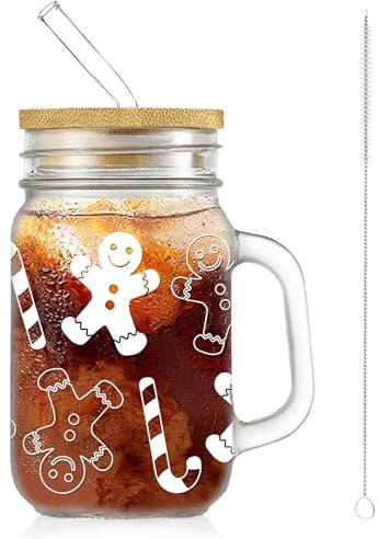 Whaline Christmas Mason Jar Mug with Handle 18oz Gingerbread Man Mason Jar Drinking Glasses Xmas Winter Ice Coffee Cups with Lid and Straw for Iced Coffee Tea Soda Cocktail Gifts