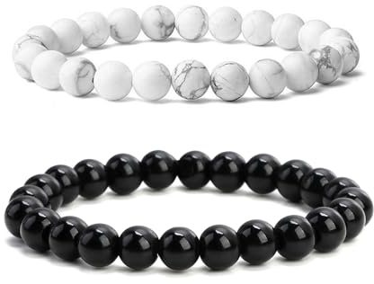 Qtksceadlnce 2 Piezas Pulsera de Obsidiana Negra, 8MM Pulsera Elástica Cuentas Pulsera de Piedras Obsidiana Pulsera Elástica de Bolas para Cumpleaños Hombres y Mujeres (Set B)