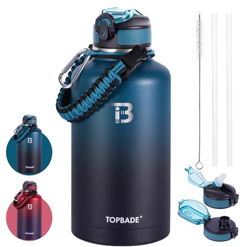 TOPBADE - Botella de agua de acero inoxidable con vacío de doble pared (fría durante 48 horas), a prueba de fugas y sin BPA, asa de paracord y tapas de boquilla y pajita, 1890 ml
