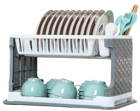 Easylife Compact 2 Tier Dish Drainer Rack (Grey/White). Durable Steel Dish Drying Rack (L49 x W33 x H29cm), Dish Drainer Rack with Drip Tray, Sink Drainer Rack with Cutlery Basket - Fully Guaranteed