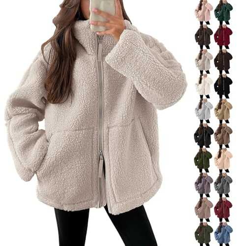 Générique Veste Polaire Femme Avec Capuche Veste Polaire Femme Manteau Molleton Teddy à Double Zip Chic Veste Sherpa D'Hiver SurdimensionnéE DéContractéE Veste De Motard Thermique Oversize Marron M