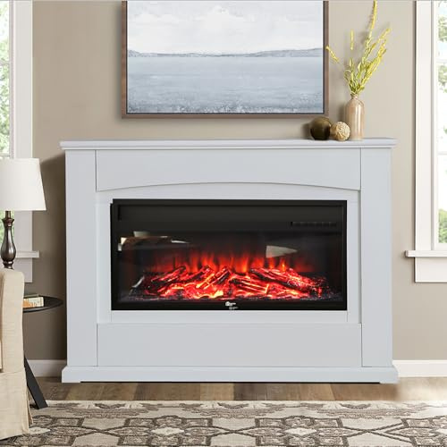 Warmiehomy Electric Fireplace, 34'' Electric Fire and Surround, 48'' Free Standing White Electric Fire Suite with Realistic LED Flame Effect, Remote Control & Overheat Protection