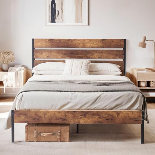 VECELO 4ft6 Double Bed Frame with Rustic Vintage Wood Headboard, Mattress Foundation, Strong Metal Slats Support, No Box Spring Needed