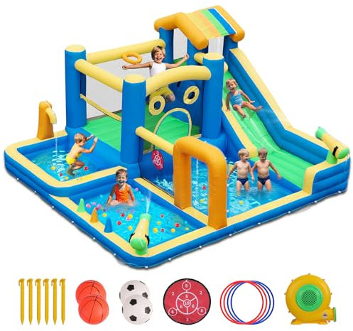 Bounce House for Kids, AONESY Inflatable Bounce Castle with Water Slide, Water Sprayers, Climbing, Jumping, Soccer Area and Basketball Hoop, Bouncy Castle with Blower for Indoor Outdoor Backyard