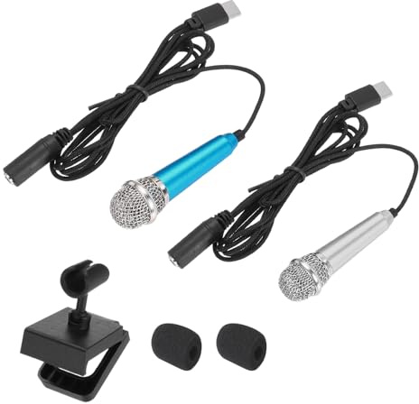 sourcing map 2 Pcs Mini Microphone, Mini Mic Tiny Microphone Phone Type C Mic Small Microphone with Bracket, Sponge Cover for Record Phone Voice, Blue/Silver