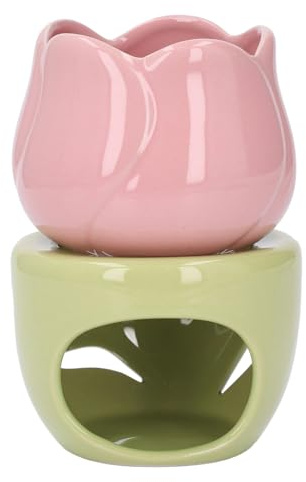 Pink Flower Shape Ceramic Aromatherapy Burner Tealight Wax Melt Warmer with Green Stand Candle Holder Essential Oil Burner, Aromatherapy Diffuser for Home, Bedroom Décor