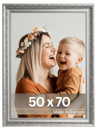 VictoR Cornice barocca Rembrandt nera argento 50 x 70 cm – listello: 58 x 41 mm – stile antico vintage – con vetro acrilico infrangibile – retro in MDF – verticale e orizzontale